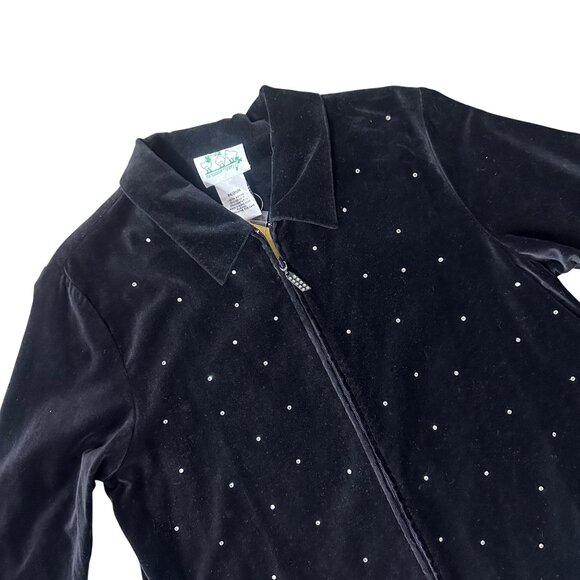 Vintage Quacker Factory Black Velvet Shirt Rhinestones Size Medium 1990s Zip Up - Picture 1 of 7